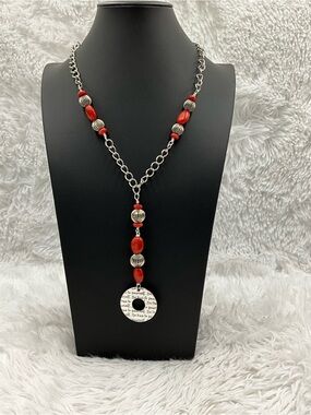 Red Bead Y Drop Necklace Silver-tone “Be True to Yourself “ Statement Pendant